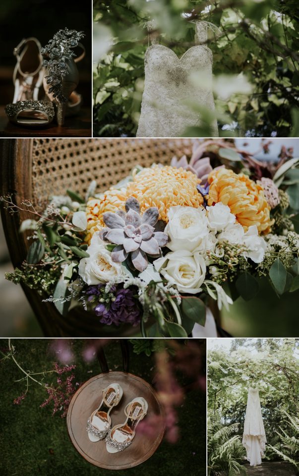 Bridal details, gown, shoes, bouquet and greenery
